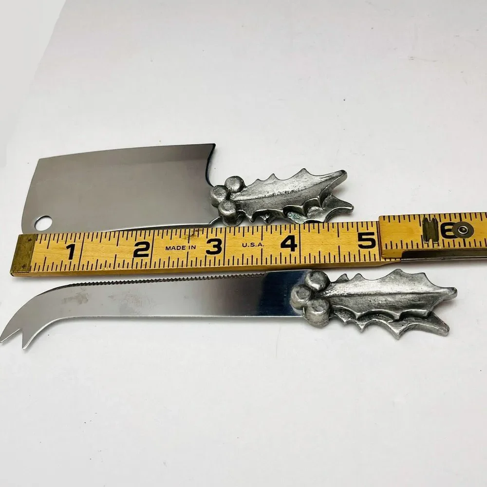 Sheffield England Stainless Pewter Holly Cheese Set Knife Mini Butcher Christmas